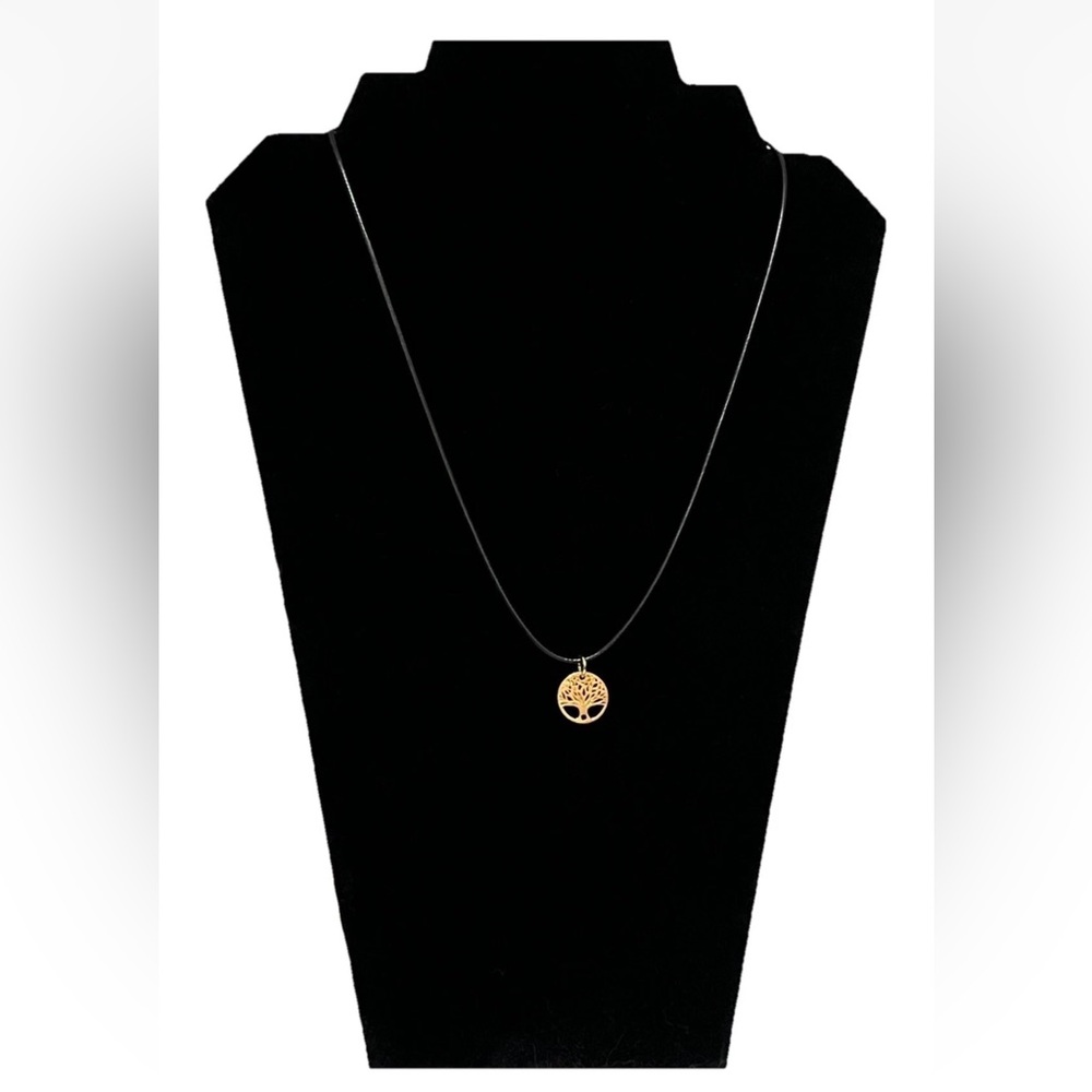 Wicca Meditation Pendant Gold Plated Tree Of Life Pendant On Black Leather Cord